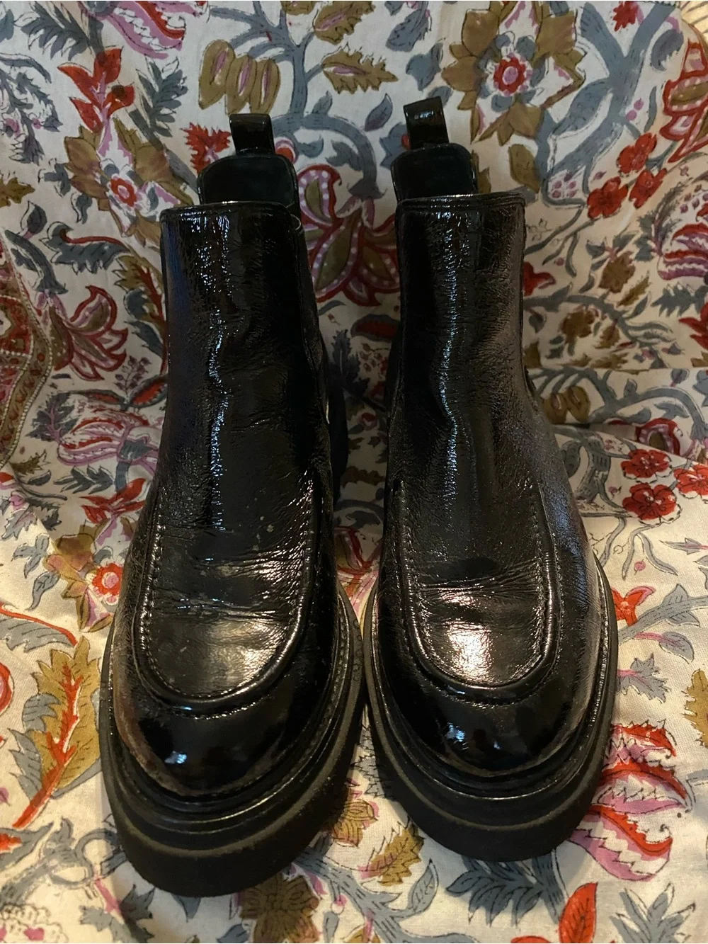 Sofft Black Glossy Patent Chelsea Lug Ankle Boots